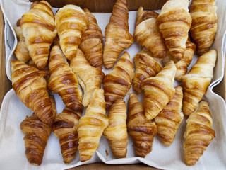 Fresh baked croissants on a tray just out of the oven