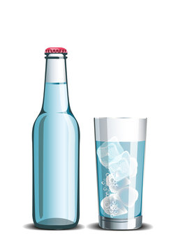 Realistic set of mineral water, full bottle and drink in a glass with ice cubes