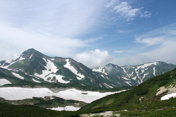 Fototapeta na wymiar Yukikura mountains, Japan with snow in Summer