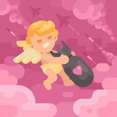Cute cupid dragging a heavy love bomb with military planes and missiles launching in the background. Valentines Day concept flat illustration