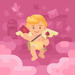 Cute cupid postman delivering a lov letter with envelopes, hearts and presents falling all around. Valentines day greeting card flat illustration