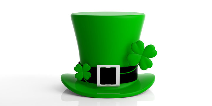 St Patricks Day leprechaun hat with four leaf clover isolated on white background. 3d illustration