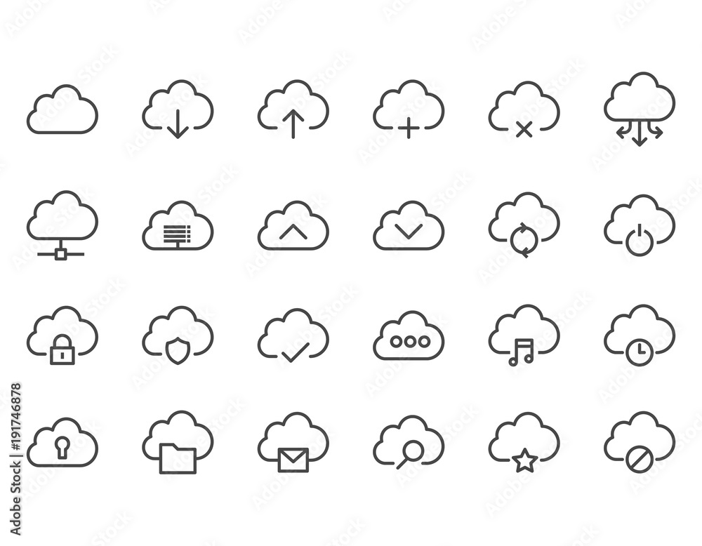Poster set of computer cloud related vector line icons. contains such icons as data transfer, cloud setting
