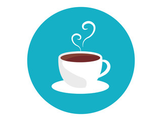 Hot cup of coffee in flat style on blue background