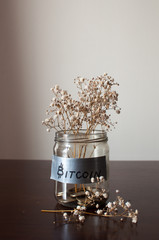 A bitcoin in a glass jar filled with gold coins and dried flower