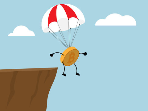 illustration of bitcoin jumping from cliff with parachute