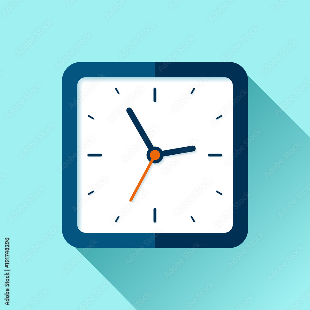 Poster clock icon in flat style, square timer on blue background. business watch. vector design element for