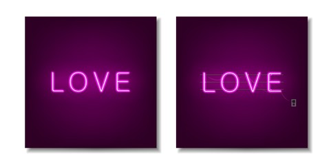 Vector neon light love. Neon inscription love connected to the electric outlet