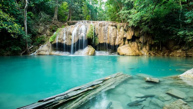 Time Lapse of Erawan Waterfall, one of the most popular waterfall destinations in Thailand.