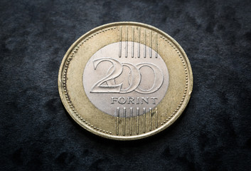Hungary currency, two hundred forint coin obverse close up on black gray background