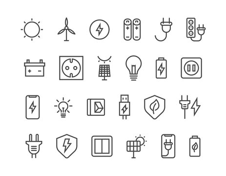 Simple Set of Surge Protector Related Vector Line Icons. Contains such Icons as American/European Socket, USB Charge, Child Protection and more. Editable Stroke. 48x48 Pixel Perfect.