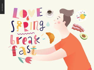 Love, spring, breakfast Lettering composition and a couple running towards ro each other and a set of breakfast meal