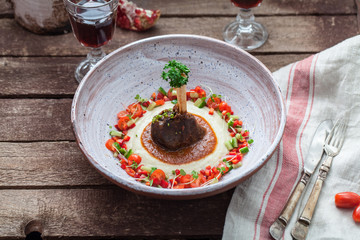 Baked lamb shank with eggpland puree, hunkar begendi