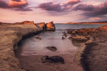 Purple sunset at the desert coastline on Northern Cyprus