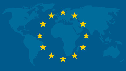 European union flag on world map. World states with stars. Symbol of united nations, peace and stability.