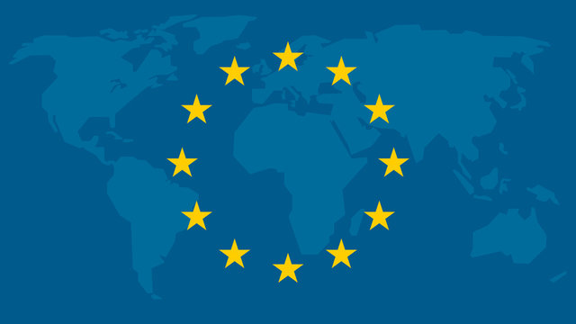 European union flag on world map. World states with stars. Symbol of united nations, peace and stability.