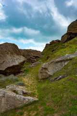 Rocks fragments in the highlands, green meadow