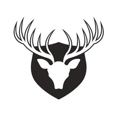 deer antlers mounted on shield in black outline-vector drawing