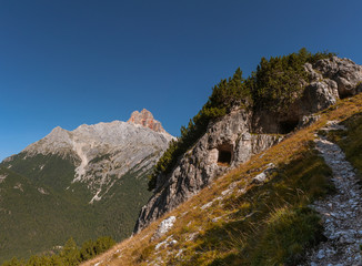 Austro - hungarian first world war post with Croda Rossa d'Ampezzo Peak background, Cortina d'Ampezzo, Dolomites, Italy