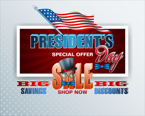 Holidays, design, background with top hat on national flag colors for American President's Day, sales, commercial event; Vector illustration