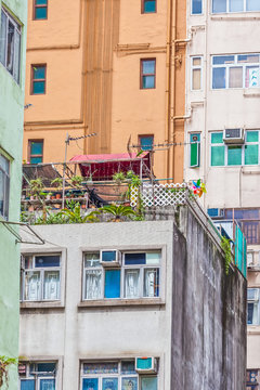 Blick auf eine Dachterasse in Hongkong, welche sich wie eine Oase in die Betonschluchten einfügt. Das bild wurde im Jahr 2013 aufgenommen