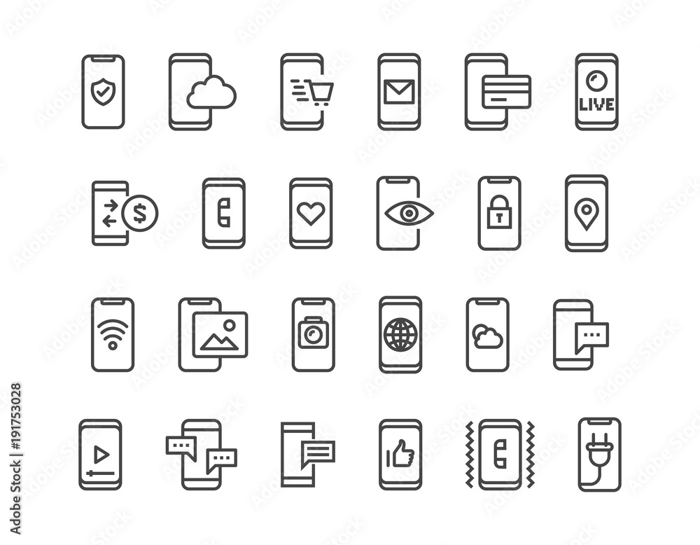 Poster set of mobile devices related vector icons.editable stroke.pixel perfect 48x48 size icons