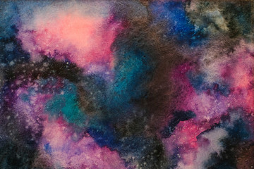 Watercolor painting space background, Abstract galaxy watercolor hand painting,Cosmic night with star textured background
