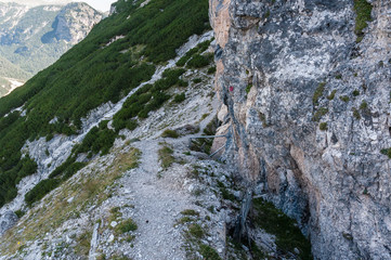 Austro - hungarian first world war trench with wir fences rests along Renè De Pol via ferrata, Cortina d'Ampezzo, Dolomites, Italy