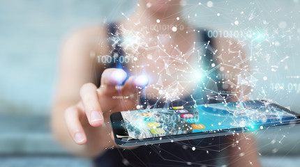 Businesswoman using digital binary code on mobile phone 3D rendering