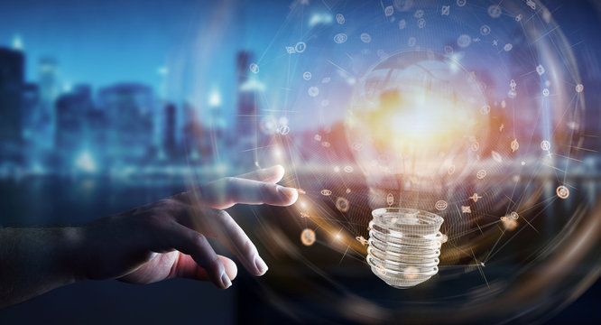 Businessman connecting modern lightbulbs with connections 3D rendering