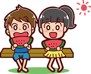 夏休みのイメージイラスト（スイカを食べる男の子と女の子）