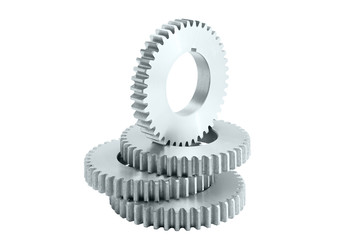 Several steel gears on the white background
