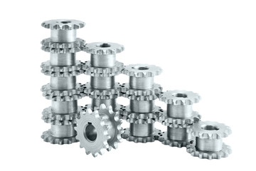 Several small steel gears on the white background