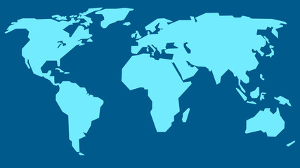 Vector world map illustration, light blue continents on the dark blue background. 