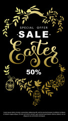 Easter sale flyer with wreath golden leaves and Easter bunny on black background. Vector vertical illustration