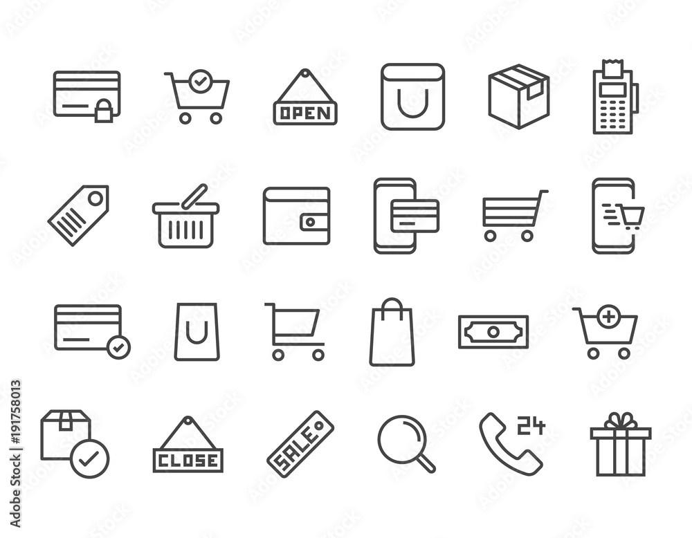 Poster simple set of shopping cart related vector line icons. mobile shop, add, refresh and more. editable 