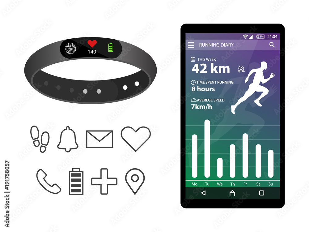 Poster smart band fitness band mobile app run tracker vector illustration. wristband with running activity 