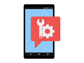 Wrench and Gear icon on smartphone screen. Fix, maintenance, mobile phone repair service concept for web banner, web site, info graphics. Flat design vector illustration