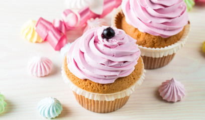 Closeup of cupcakes with vanilla, berries, pink and white cream, chocolate and sprinkles on wooden background. Selective focus. Sweet dessert tasty food concept muffin.