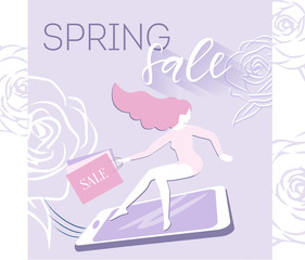 Lettering cyber Monday girl on smartphone in a hurry to sale with shopping bags Lilac Vector discount banner for advertising
