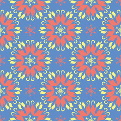 Floral seamless pattern. Red and yellow flower elements on blue background