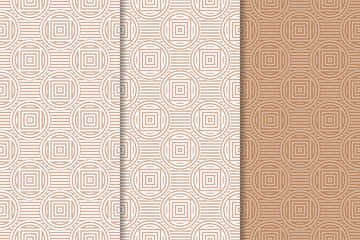Brown and white geometric ornaments. Set of seamless patterns
