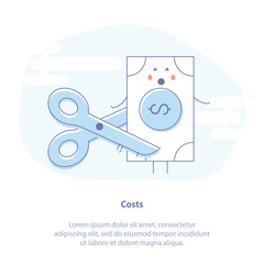 Flat Line Icon Concept of Budget Cut, Reduce Costs, Inflation or Expenses. Scissors cut a piece from a money bill. Isolated Vector Illustration.