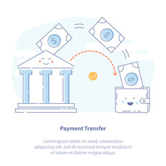 Flat Line Icon Concept Set: Money Savings, Payment Transfer Technology and Bank Deposit. Bank building and wallet with money. Light cartoon edition with emotions.