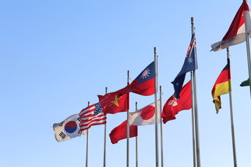 blue sky and world national flags