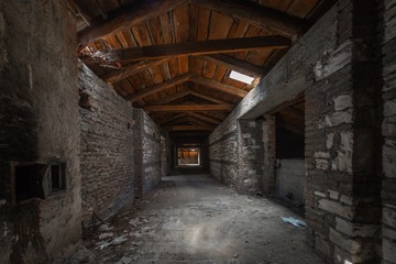 Creepy attic interior at abandoned building
