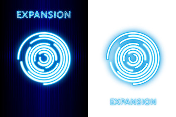 Expansion. Expanding neon circles on dark and white background. Glowing blue vertical line. Abstract technology background. Concept digital internet cyber security. Vector illustration