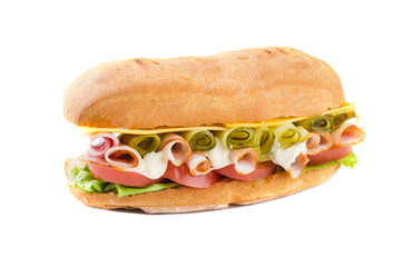 sandwich with ham and vegetables isolated on white background