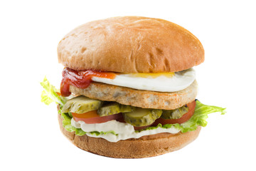 Chiken burger with egg isolated on a white background