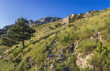 Fototapeta na wymiar Slope of mountains above Kotor town in Montenegro